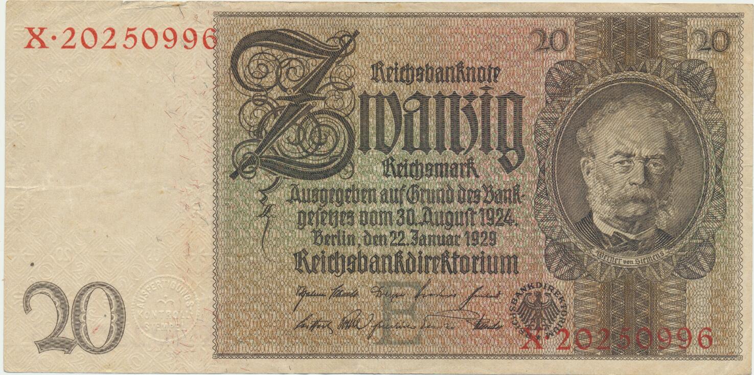 Deutschland 20 Reichsmark 1929 Reichsbanknote mit Udr.-Bst./Serie E/X ...