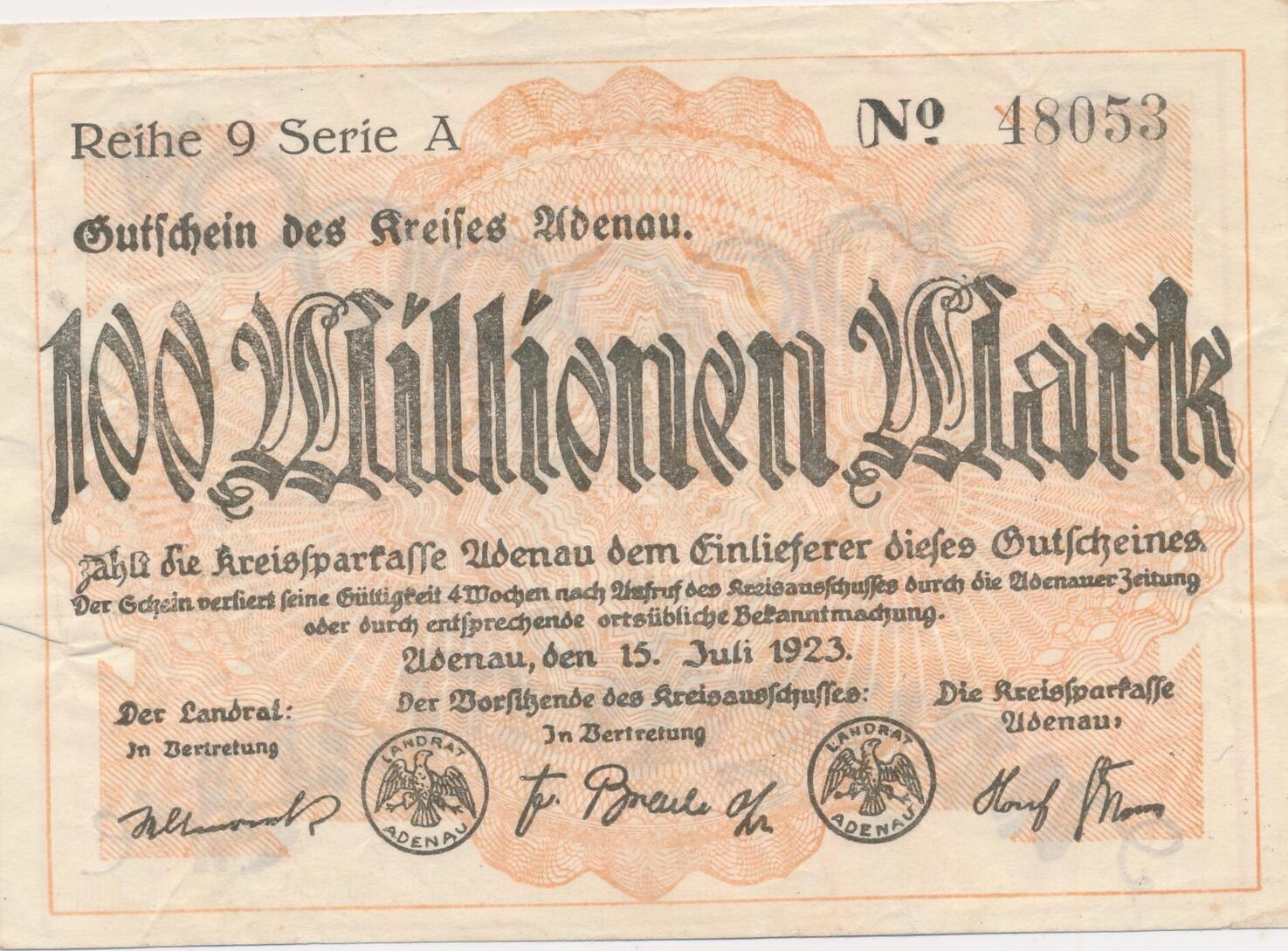 Deutschland Deutsches Reich 100 Millionen Mark 1923 Notgeldschein ...