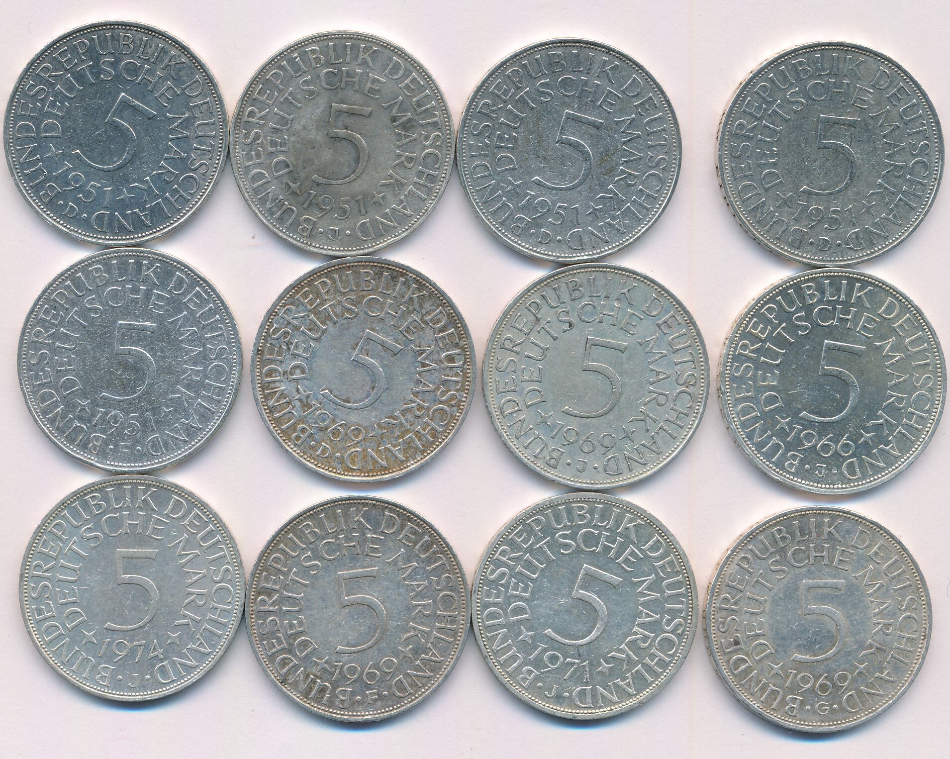 Deutschland BRD 12x 5 Mark DM 1951 1966 1969 1971 1974 12x Münzen Lot ...