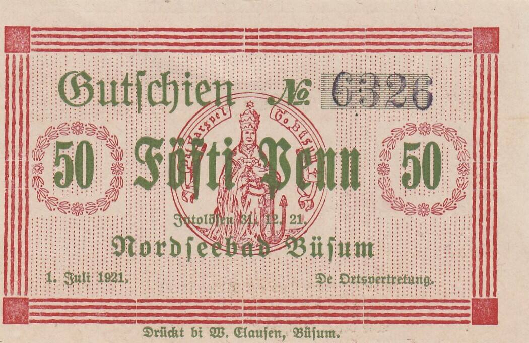 Deutschland Deutsches Reich 50 Pfennig 1921 Notgeldschein Notgeld Büsum Nordseebad Schleswig Deutschland Deutsches Reich 50 Pfennig 1921 Notgeldschein Notgeld Büsum Nordseebad Schleswig
