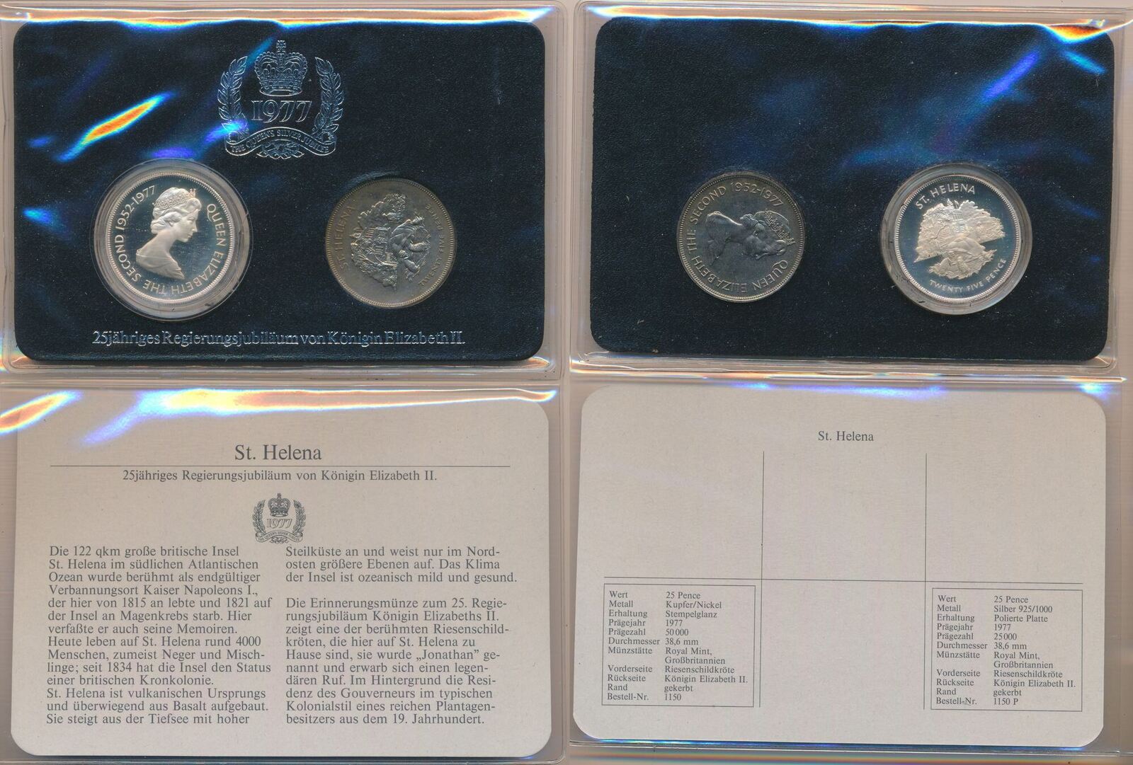 St. Helena 25. Jubiläum Königin Elizabeth II 2x 1 Crown 25 Pence 1977 ...