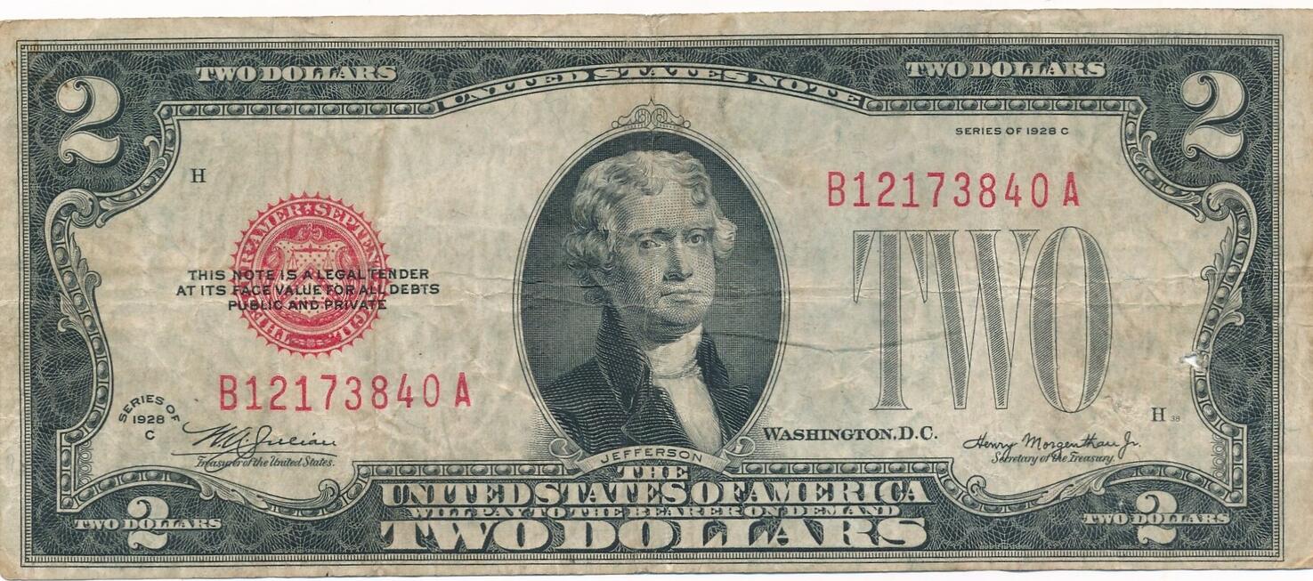 USA - Vereinigte Staaten v. Amerika 2 Dollars 1928C Geldschein Banknote ...