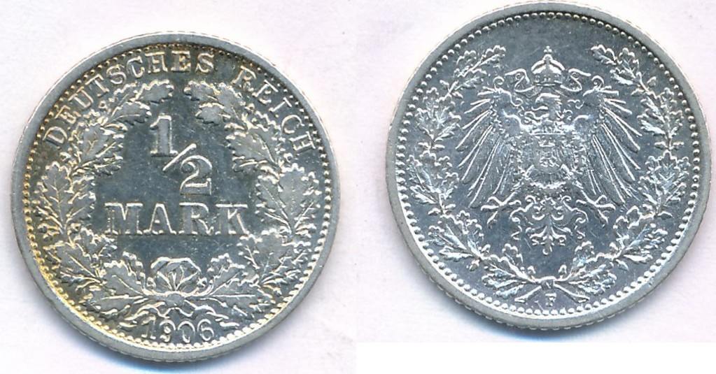 1/2 mark 1906 kaiserreich prgeanstalt f ef