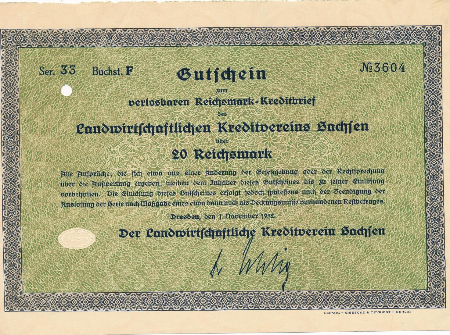 Deutschland Drittes Reich Weimar 20 Reichsmark 1932 Gutschein ...