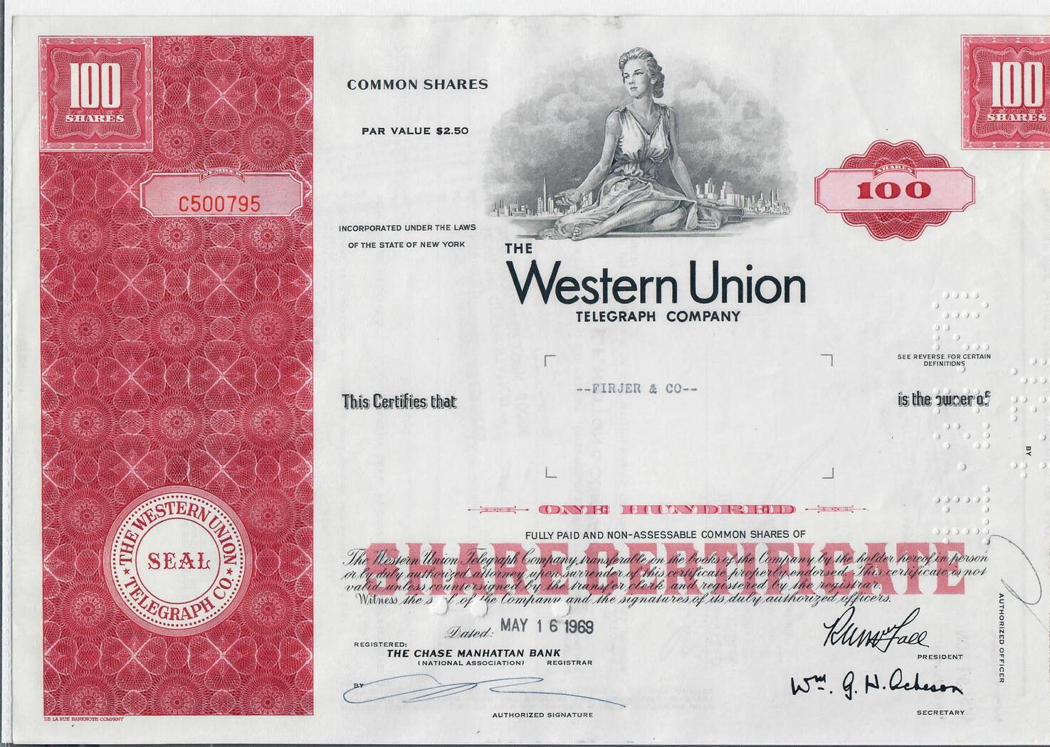 USA 100 Shares Western Union Telegraph Company 1969, Aktie Wertpapier ...