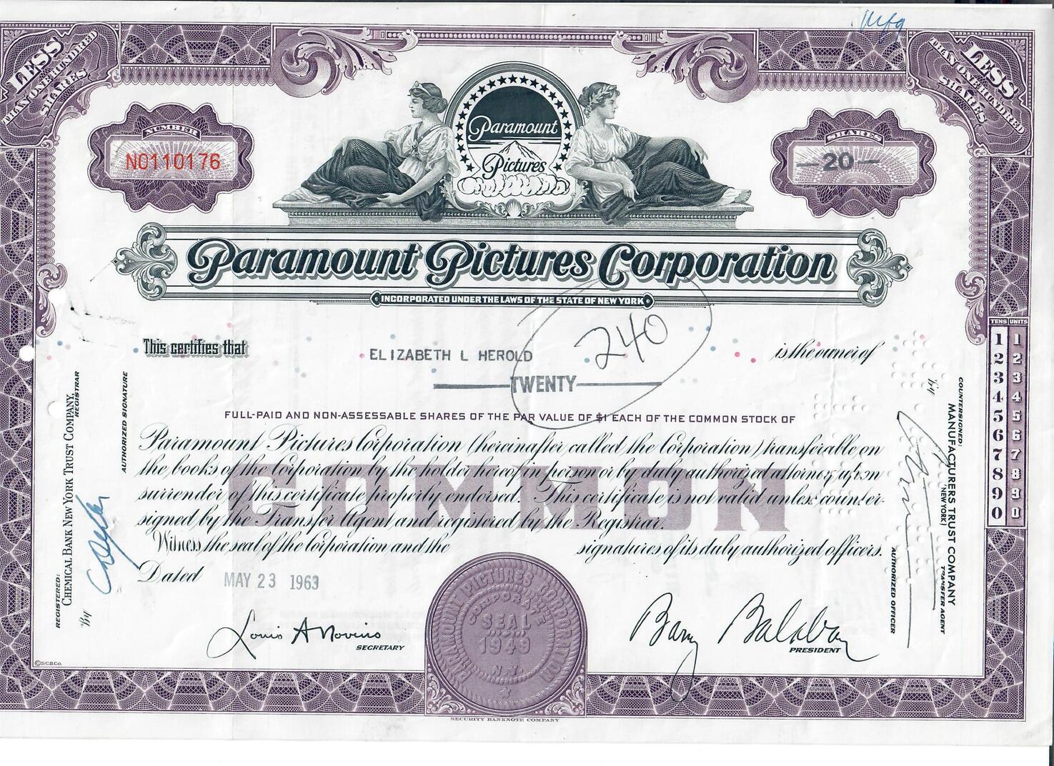 USA 20 Shares Paramount Pictures Corporation 1963, Aktie Wertpapier VF | MA-Shops