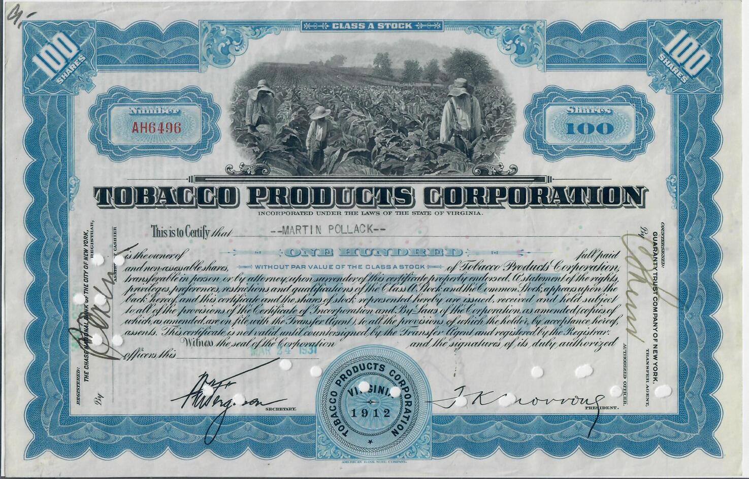 tobacco shares USA 100 Shares Tobacco Products Corporation 1931, Aktie Wertpapier VF