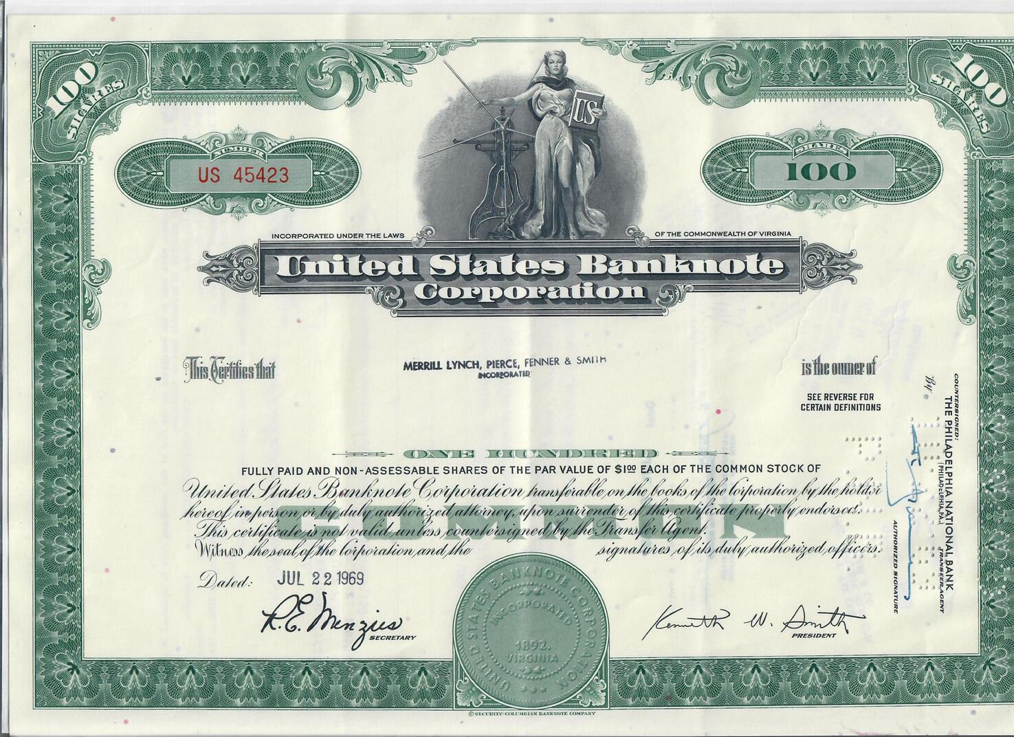 USA 100 Shares United States Banknote Corporation 1969, Aktie ...