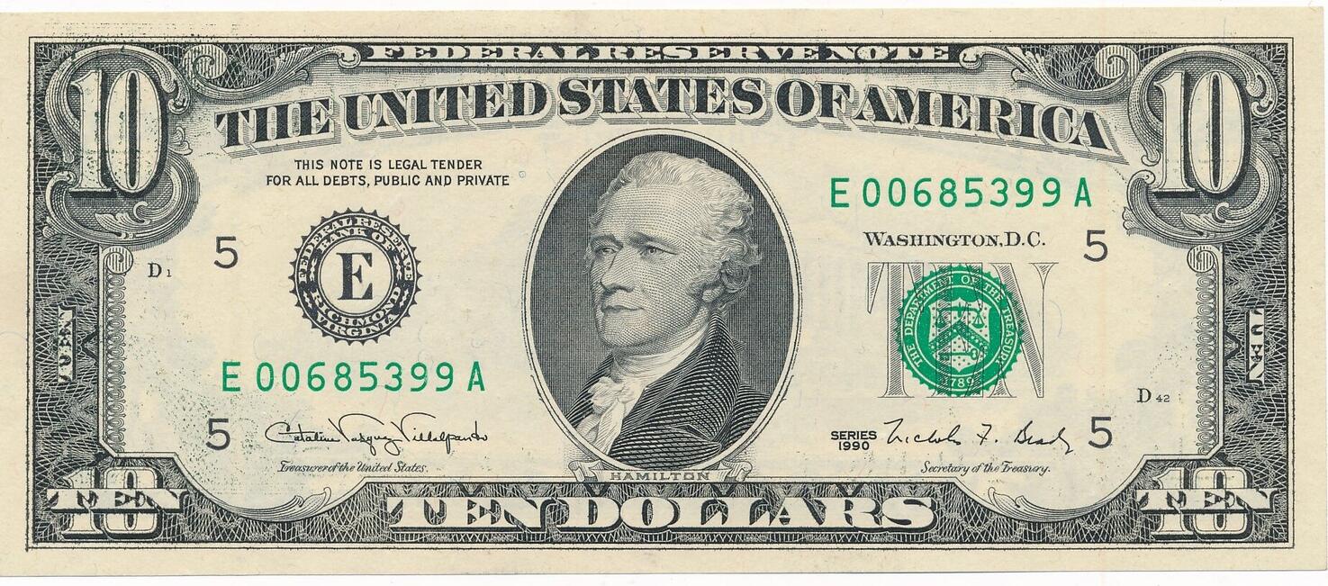 USA - Vereinigte Staaten v. Amerika $ 10 Dollar 1990 Geldschein ...