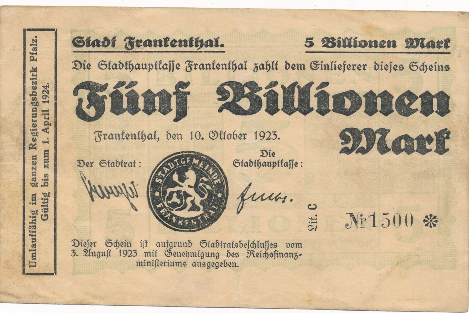 Deutschland Deutsches Reich 5 Billionen Mark 10.10.1923 Notgeldschein 