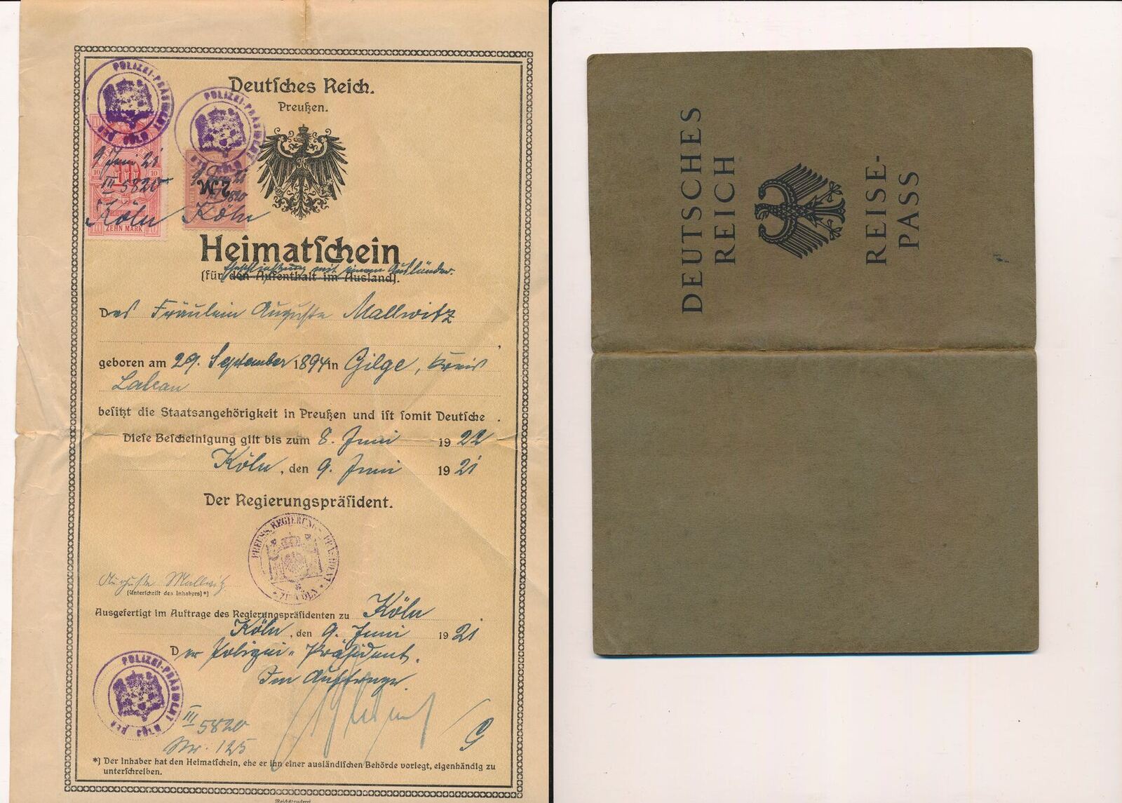 Deutschland Deutsches Reich Alte Dokumente 1921 Heimatschein, Preußen und  Reisepass Pass von 1931 F-VF Русские монеты из драгоценных