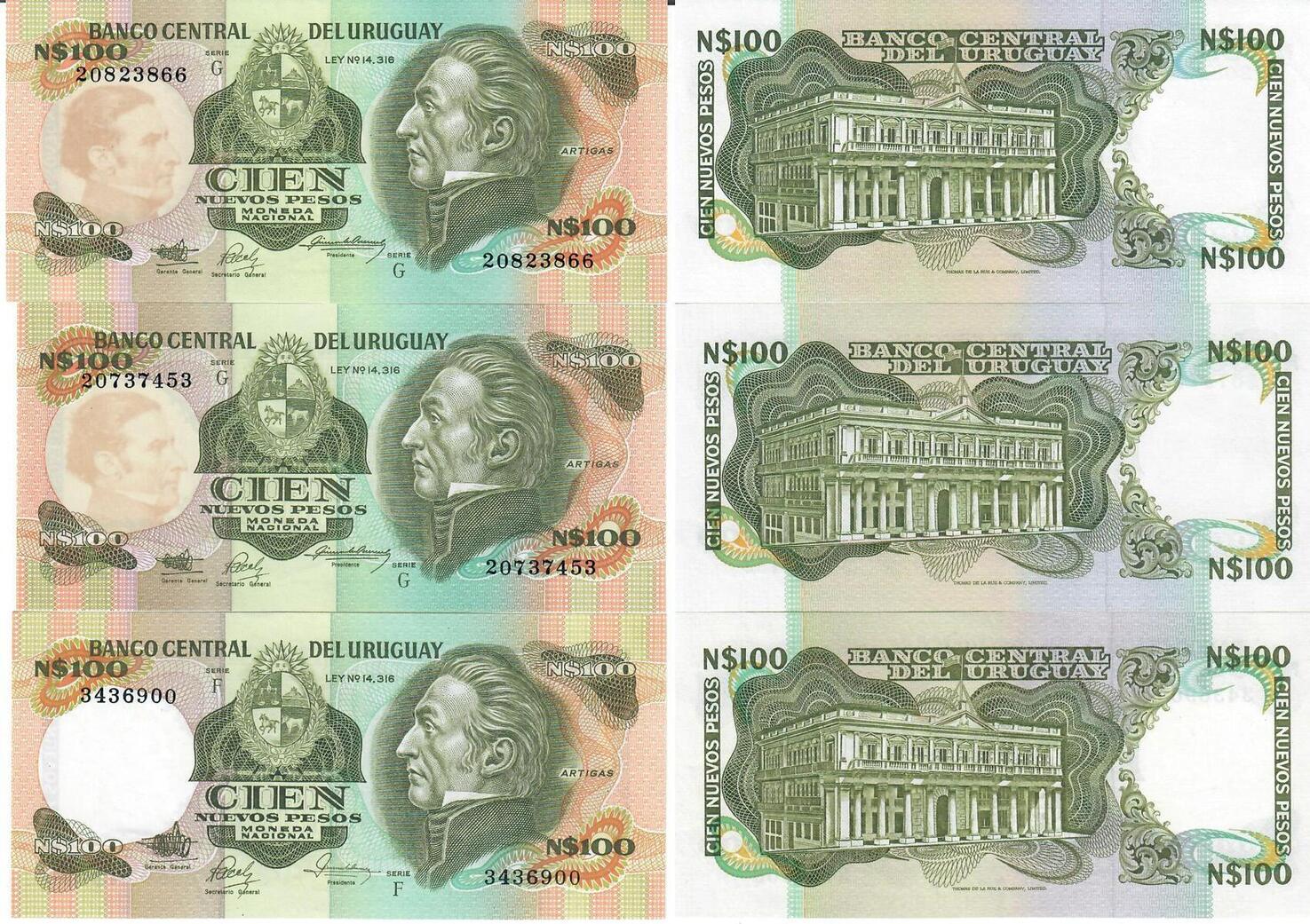 Uruguay o.D. (1978) Banknote Geldschein 3 Stück 100 Pesos (unc) Lot ...