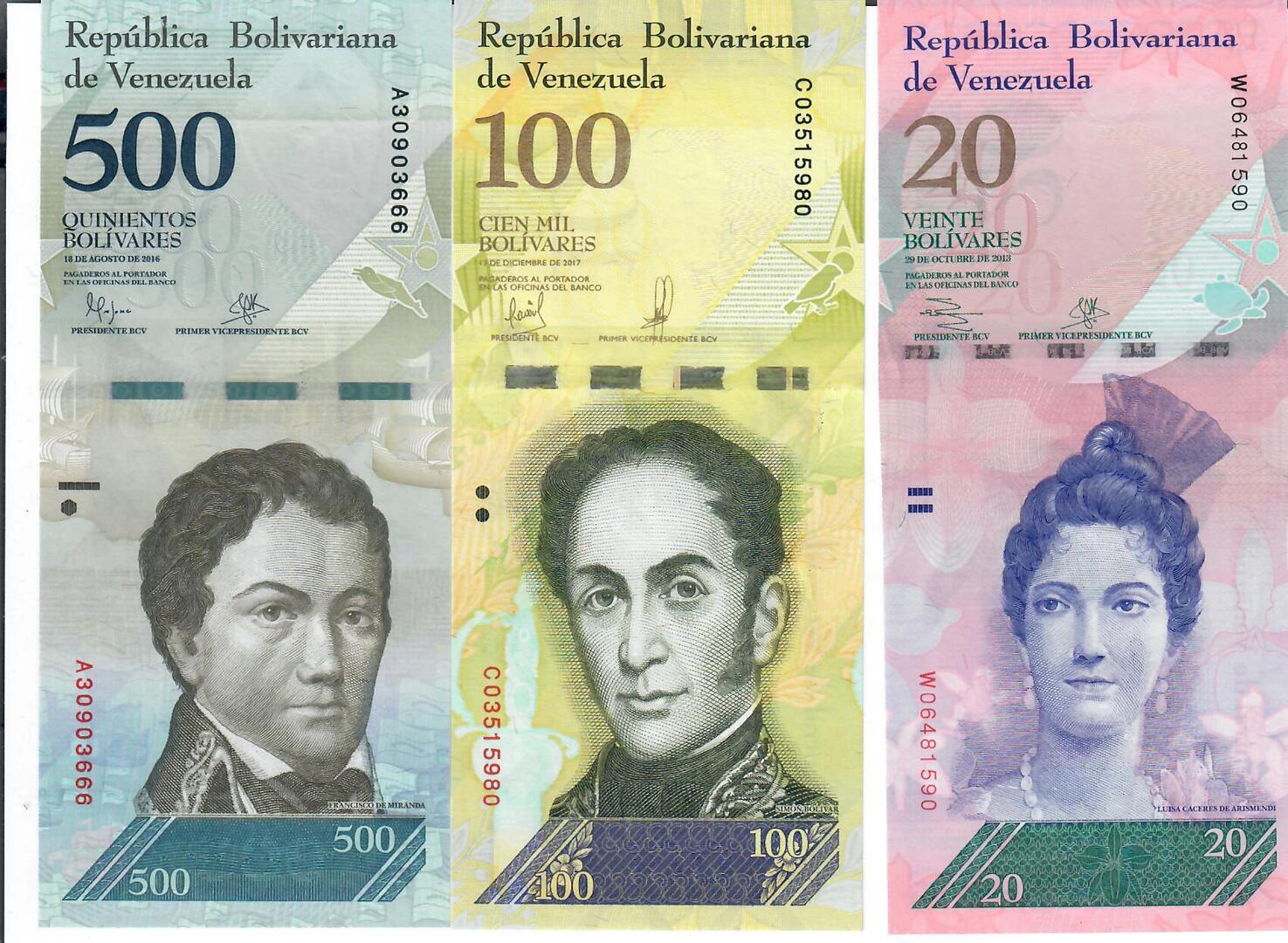 Venezuela 20, 100, 500 Bolivares 2013, 2016, 2017 Banknote Geldschein ...