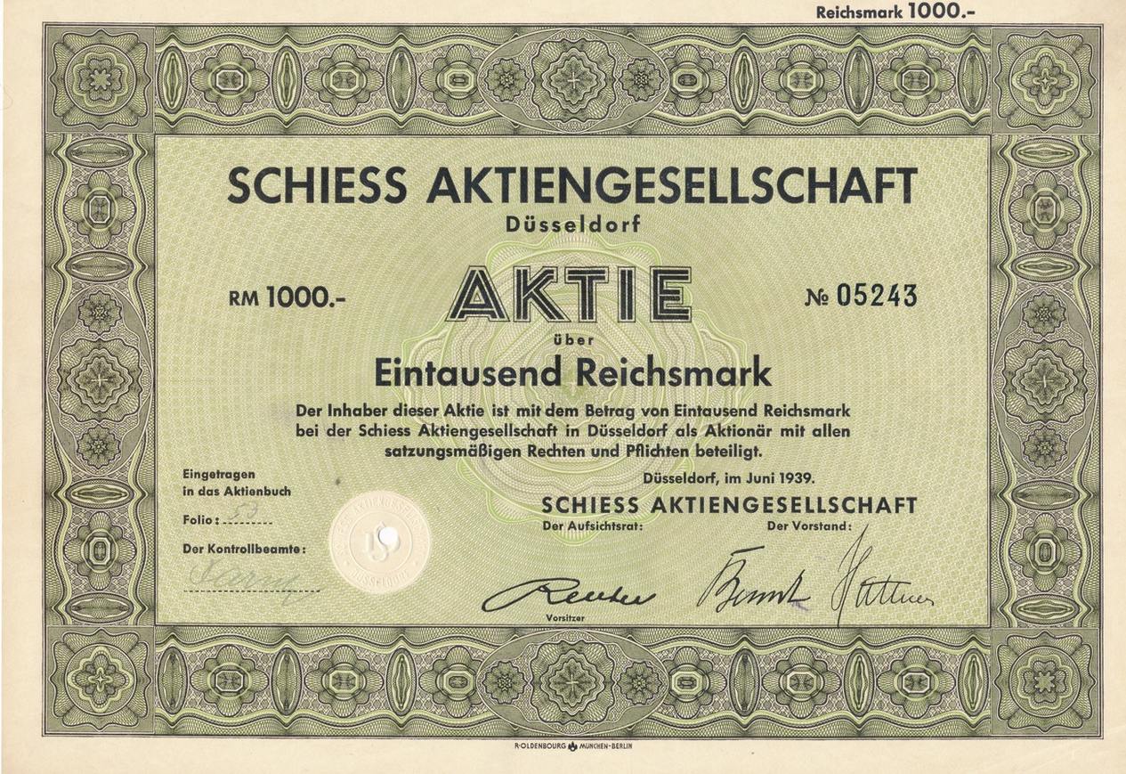 Düsseldorf 1000 Reichsmark 1939 Historische Aktie Schiess AG EF | MA-Shops