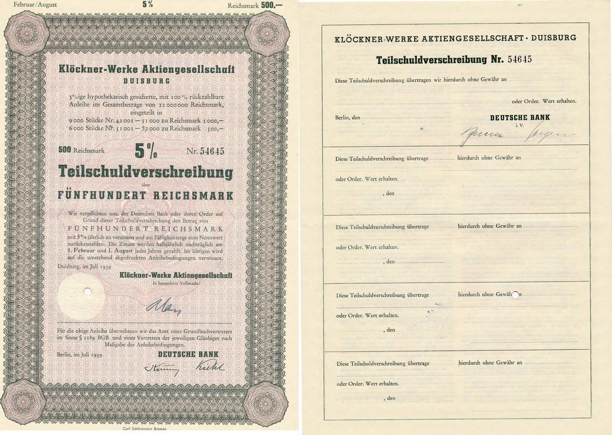 500 Reichsmark 1939 Duisburg Teilverschuldung Klockner Werke Ag Ef Ma Shops