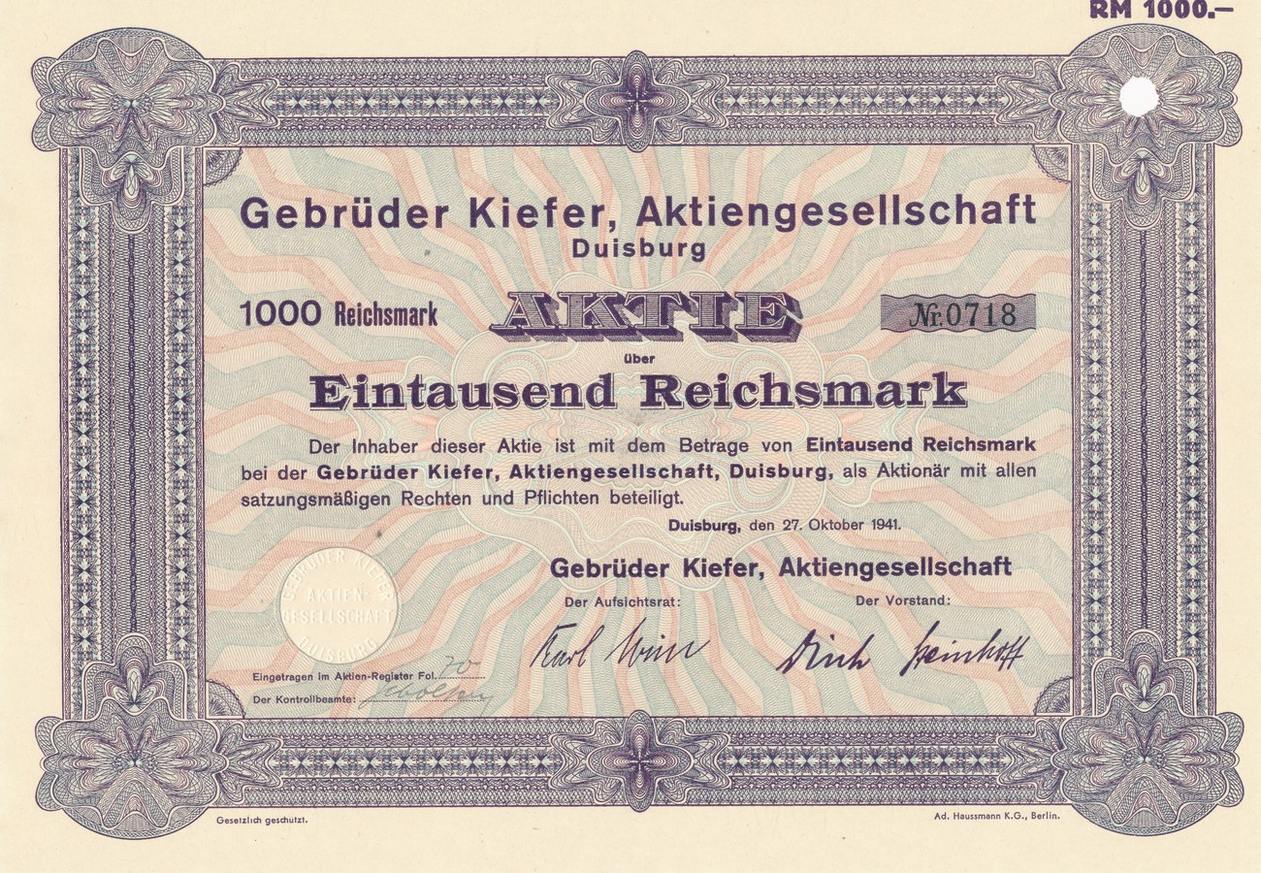 Duisburg 1000 Reichsmark 1941 Historische Aktie Gebrüder Kiefer EF | MA ...
