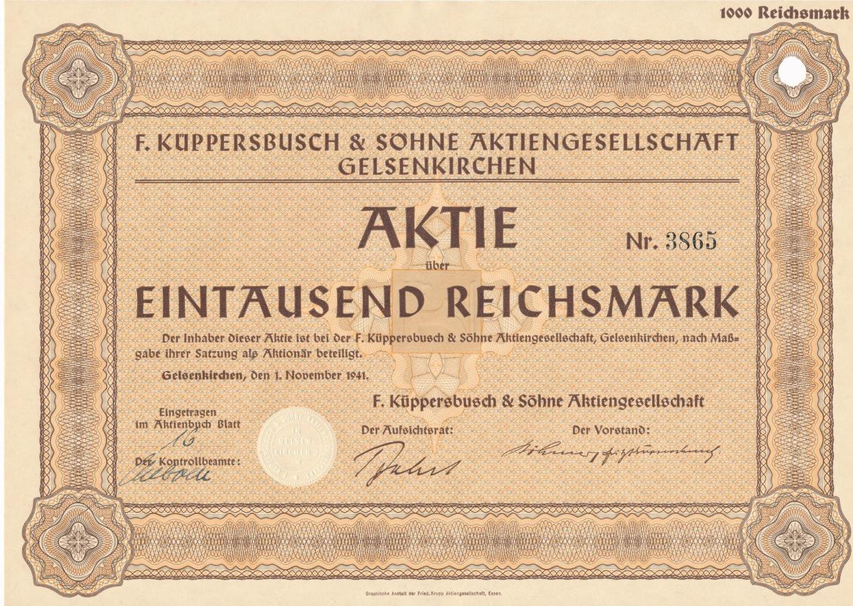 Gelsenkirchen 1000 Reichsmark 1941 Historische Aktie Küppersbusch ...
