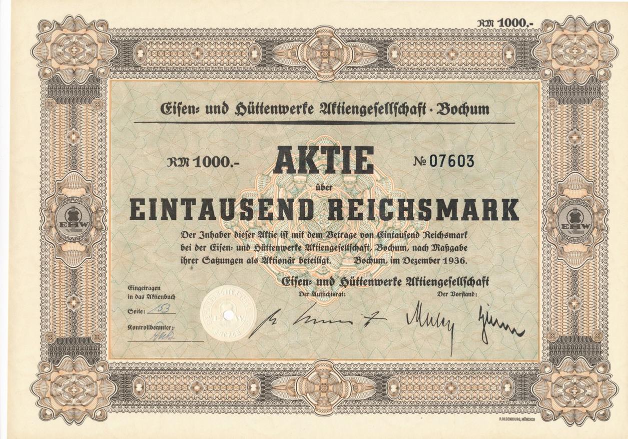 Bochum 1000 Reichsmark 1936 Historische Aktie Eisen-u.Hüttenwerke EF ...
