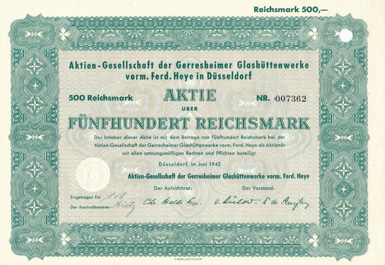 Düsseldorf 500 Reichsmark 1942 Historische Aktie Gerresheimer ...