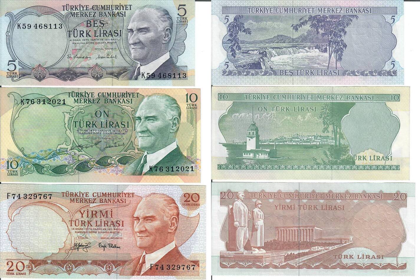 Türkei Banknote Geldscheine 5,10,20 Lira (unc 1970-79) 3 Scheine | MA-Shops