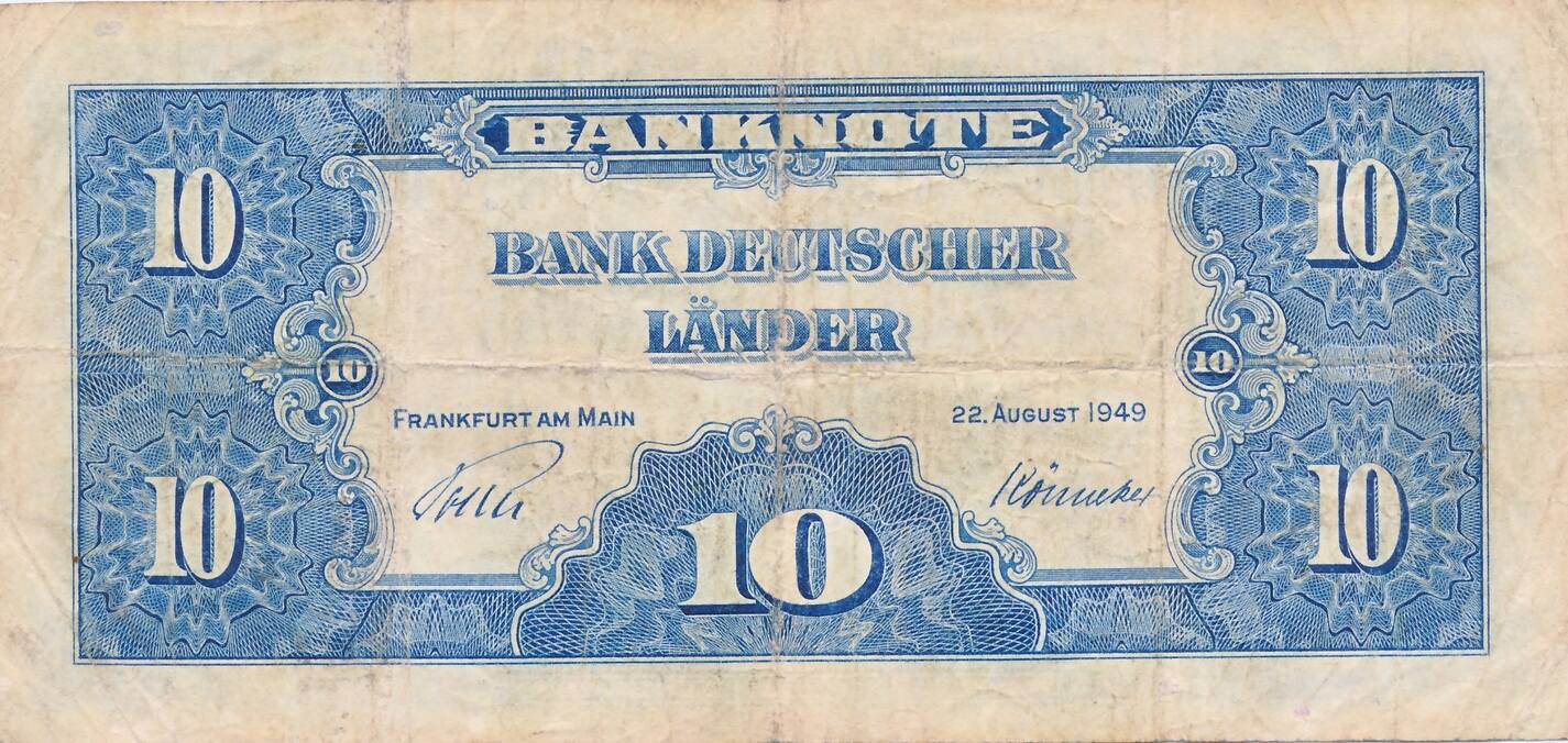 Bank Deutscher Länder 1949 10 Mark Schein Deutschland 10 Deutsche Mark 1949 Banknote, Kenn-Bst.: N/F, KN 7stellig