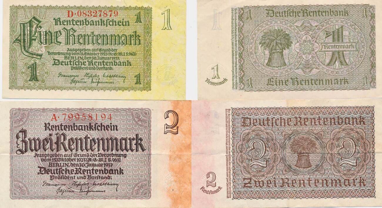 Deutschland Deutsches Reich 1 und 2 Rentenmark, 2 Scheine 30.1.1937 ...