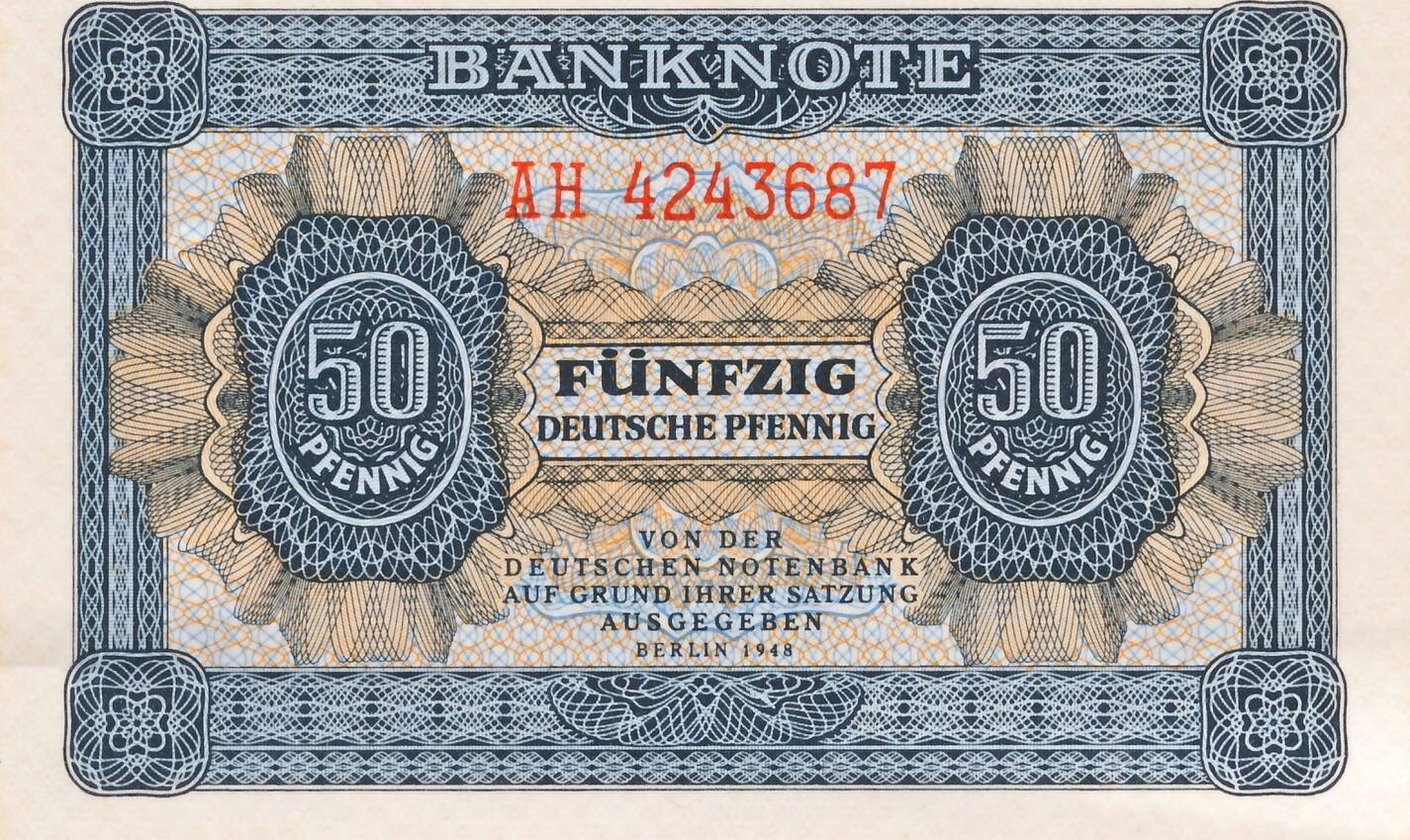 Deutschland DDR 50 Pfennig 1948 Geldschein Banknote KN 7 stellig, Serie ...