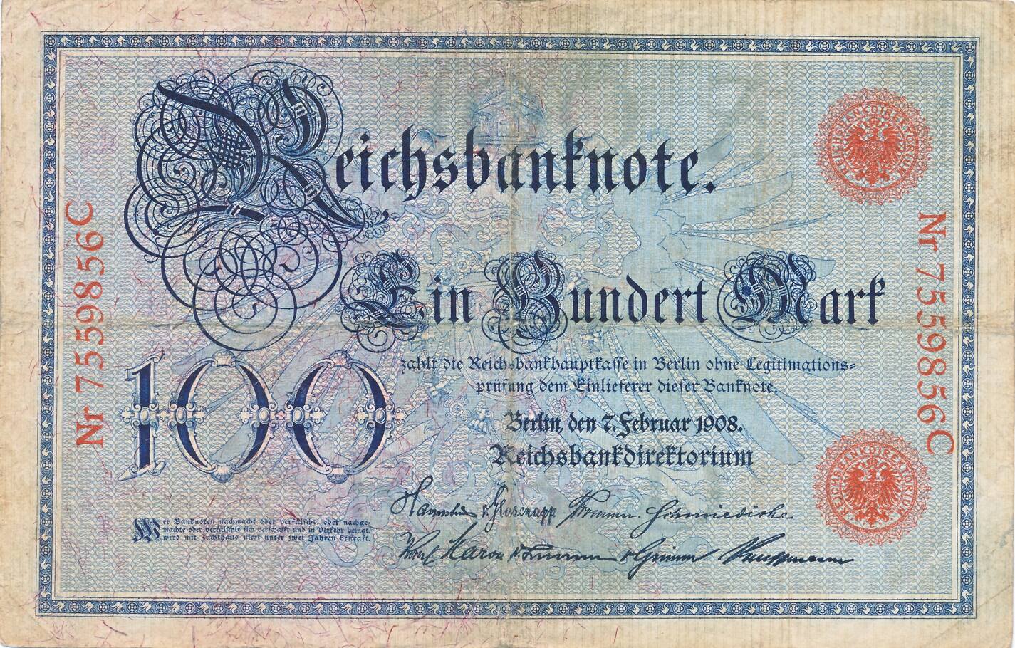 Reichsbanknote 100 Mark 7 Februar 1908 Wert Deutschland Deutsches Reich 100 Mark Reichsbanknote Reichsmark 1908 Udr