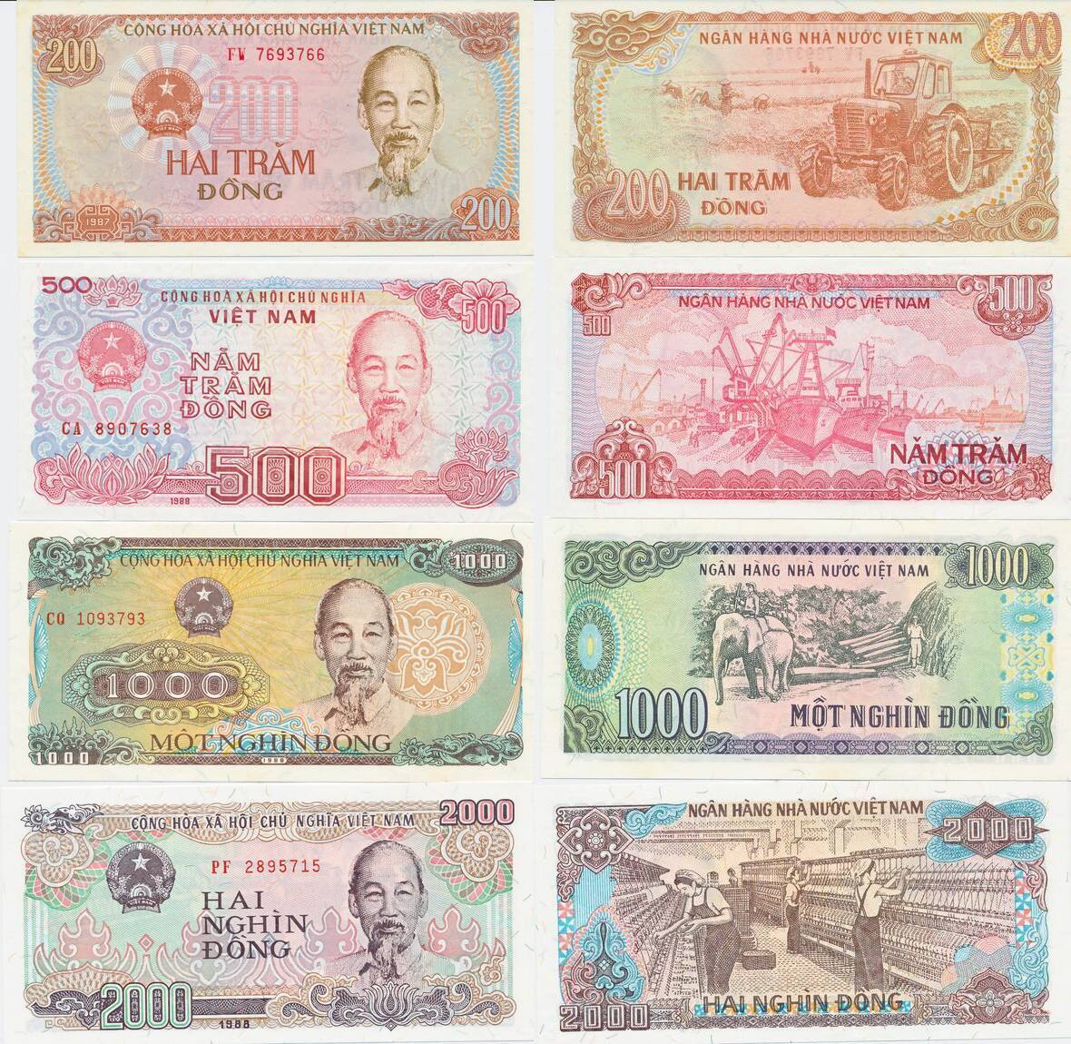 Viet Nam Vietnam 200 500 1000 2000 Dong 1987 1988 4 Banknoten, Lot unc ...