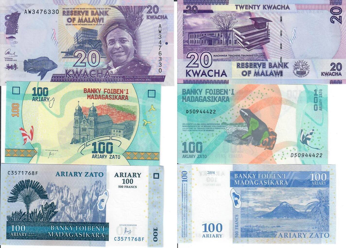 Madagaskar 20 Kwacha 100 Ariary O D 2017 2004 2015 Banknote 