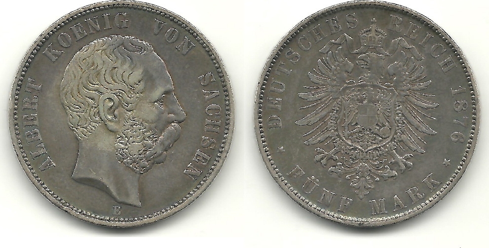 Deutschland 5 Mark 1876 E Albert Koenig Von Sachsen Ss J 122 Vf Ma Shops