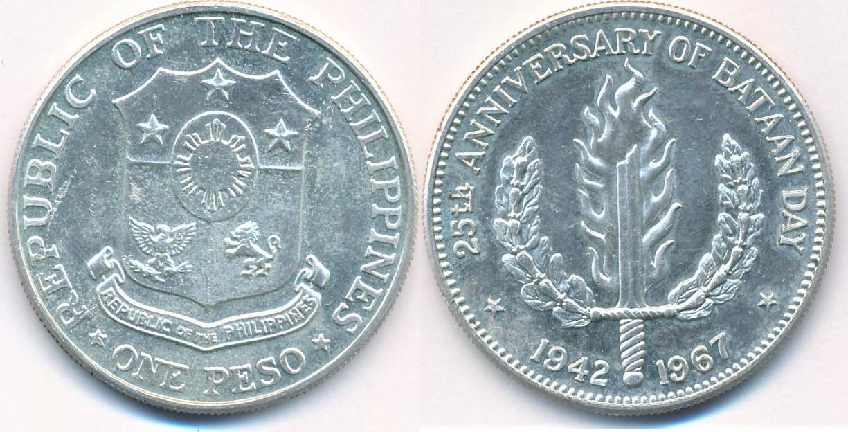 Philippinen One Peso 1967 25. Jahrestag Bataan Day (1942 - 1967) UNC ...