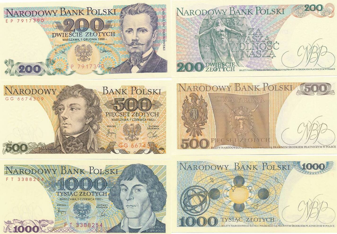 Polen 200, 500, 1000 Zloty Zlotych 1982, 1988 3 Scheine unc Русские монеты  из драгоценных