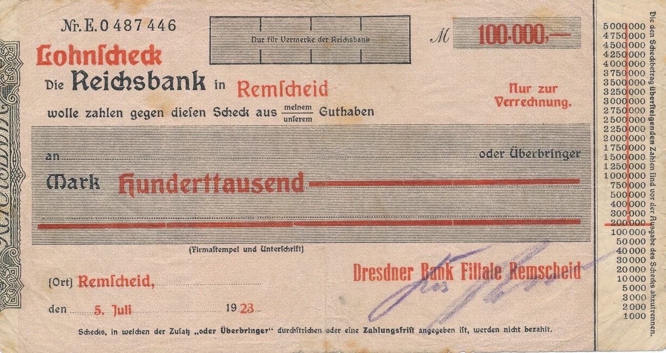 100000 Mark 1923 Remscheid Lohnscheck Der Reichsbank Dresdner Bank