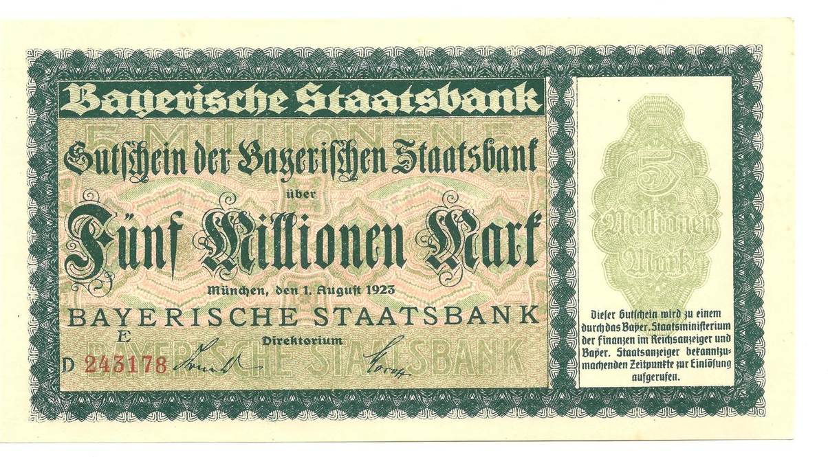 Bayern 5 Millionen Mark 1 August 1923 Gutschein Der Bayerischen bayern-5-millionen-mark-1-august-1923-gutschein-der-bayerischen