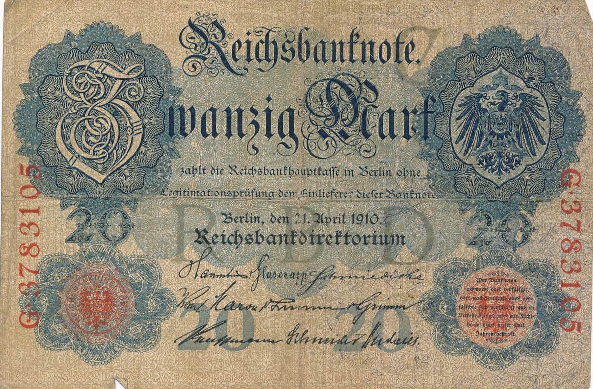 Deutsches Reich Deutschland 20 Mark, Reichsbanknote 1910 VF- | MA-Shops