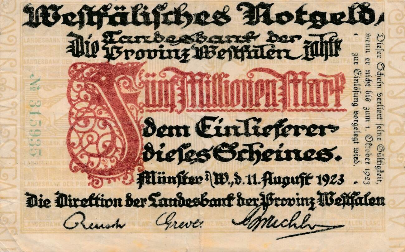 Deutsches Reich Deutschland 5 Millionen Mark 1923 Westfälisches Notgeld ...