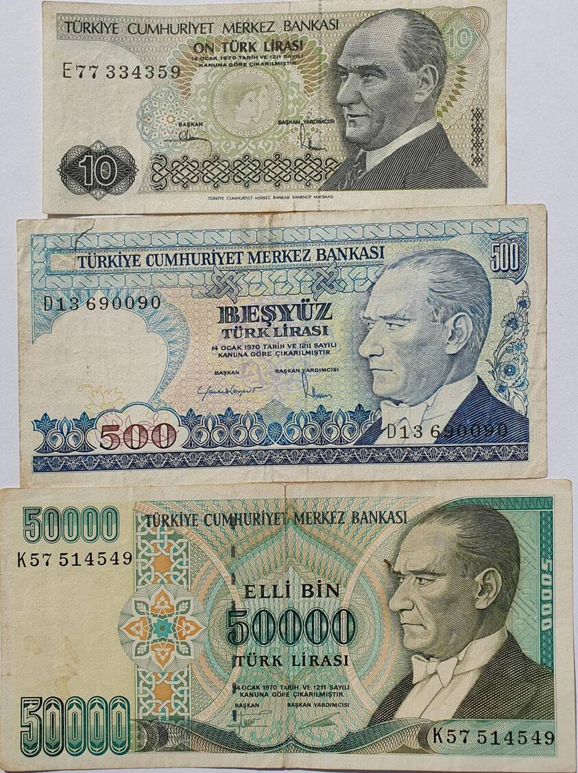 Türkei 10, 500, 50000 Lira 1982-1987, 1984-1989, 199 Banknote, 7 ...
