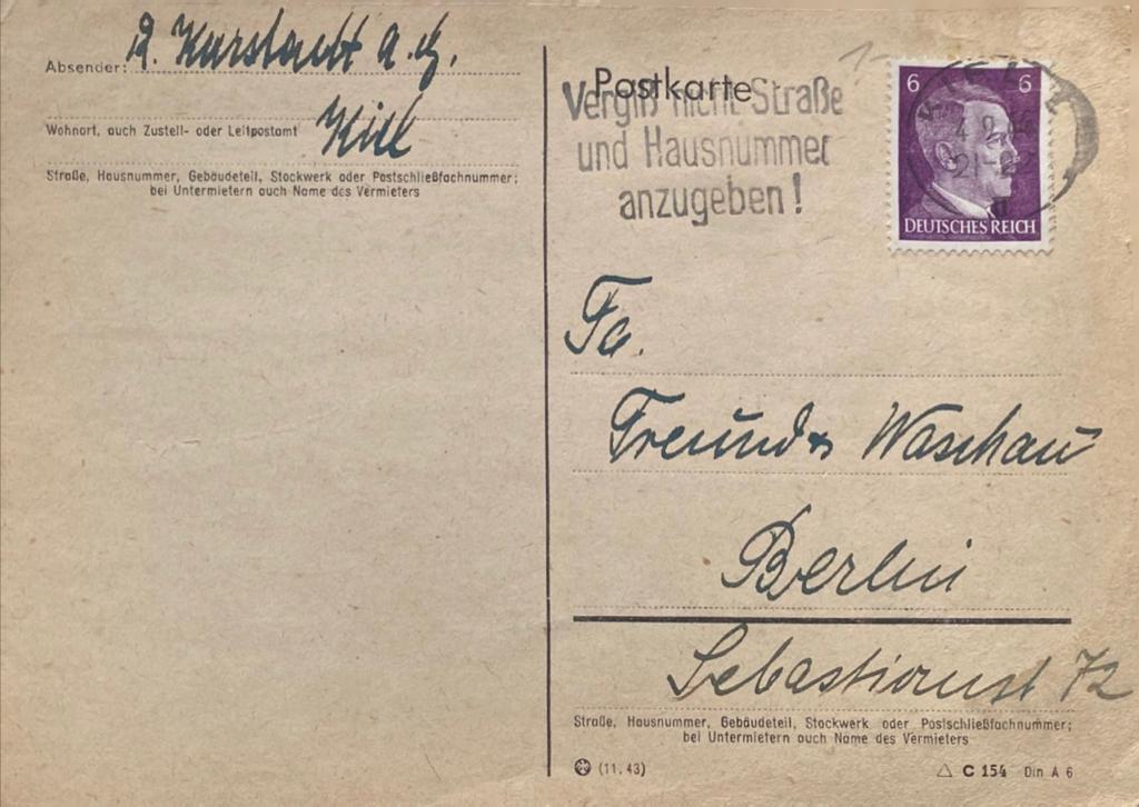 Deutschland, Drittes Reich Postkarte 1944 Stempel Kiel guter Zustand