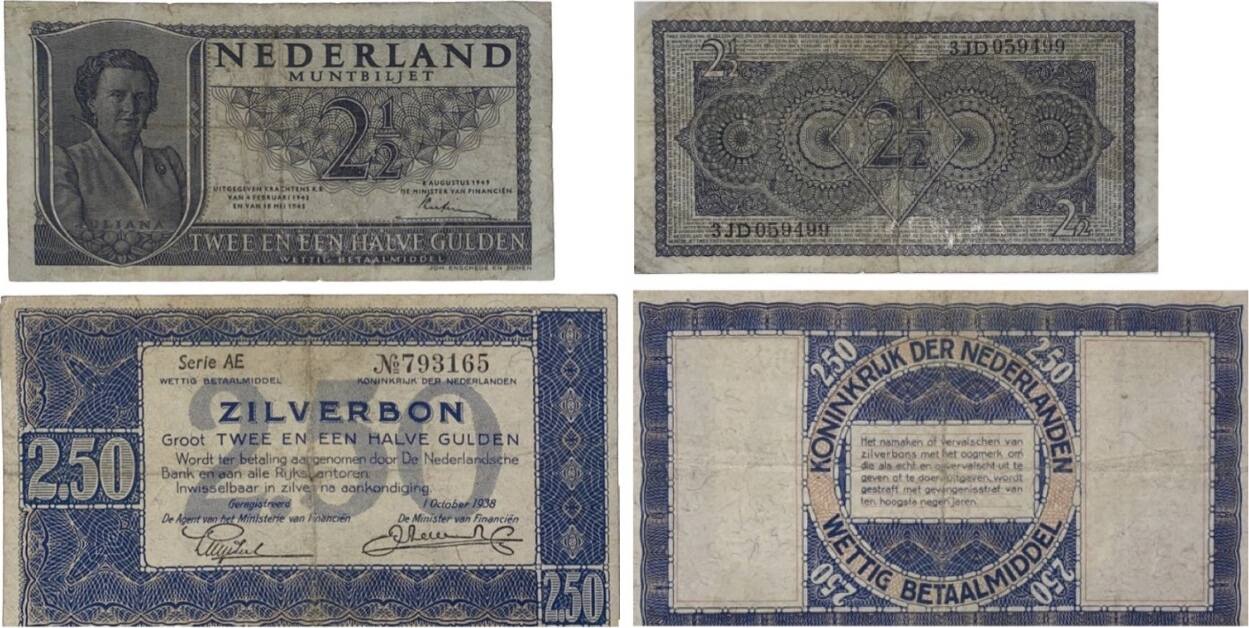 Niederlande /Nederland 2½ Gulden, 2.5 Gulden 1949,1938 Banknoten 2