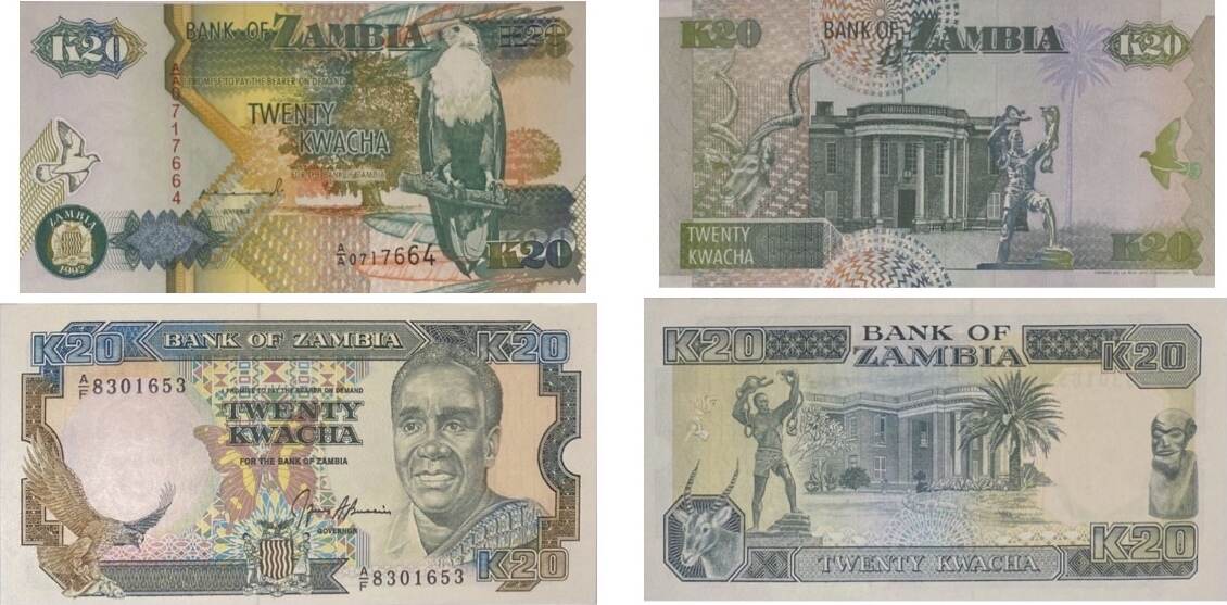 Zambia, Sambia 2 Verschiedene 20 Kwacha (1989-1991),1992 Banknoten 2 ...