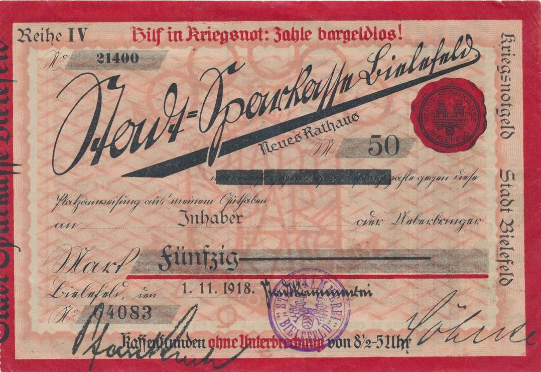 Bielefeld 50 Mark 1918 Inflations Großbanknoten Scheck, Stempel | MA-Shops