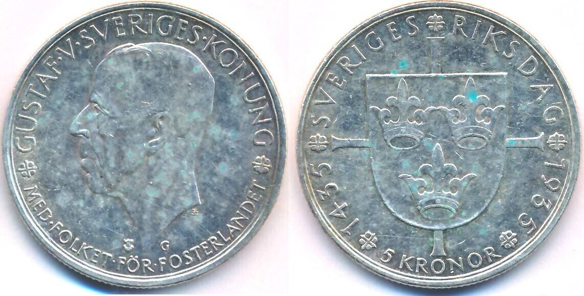 Schweden 5 Kronor 1935 G Gustaf V. (1907-1950) - Auf 500 Jahre Riksdag ...