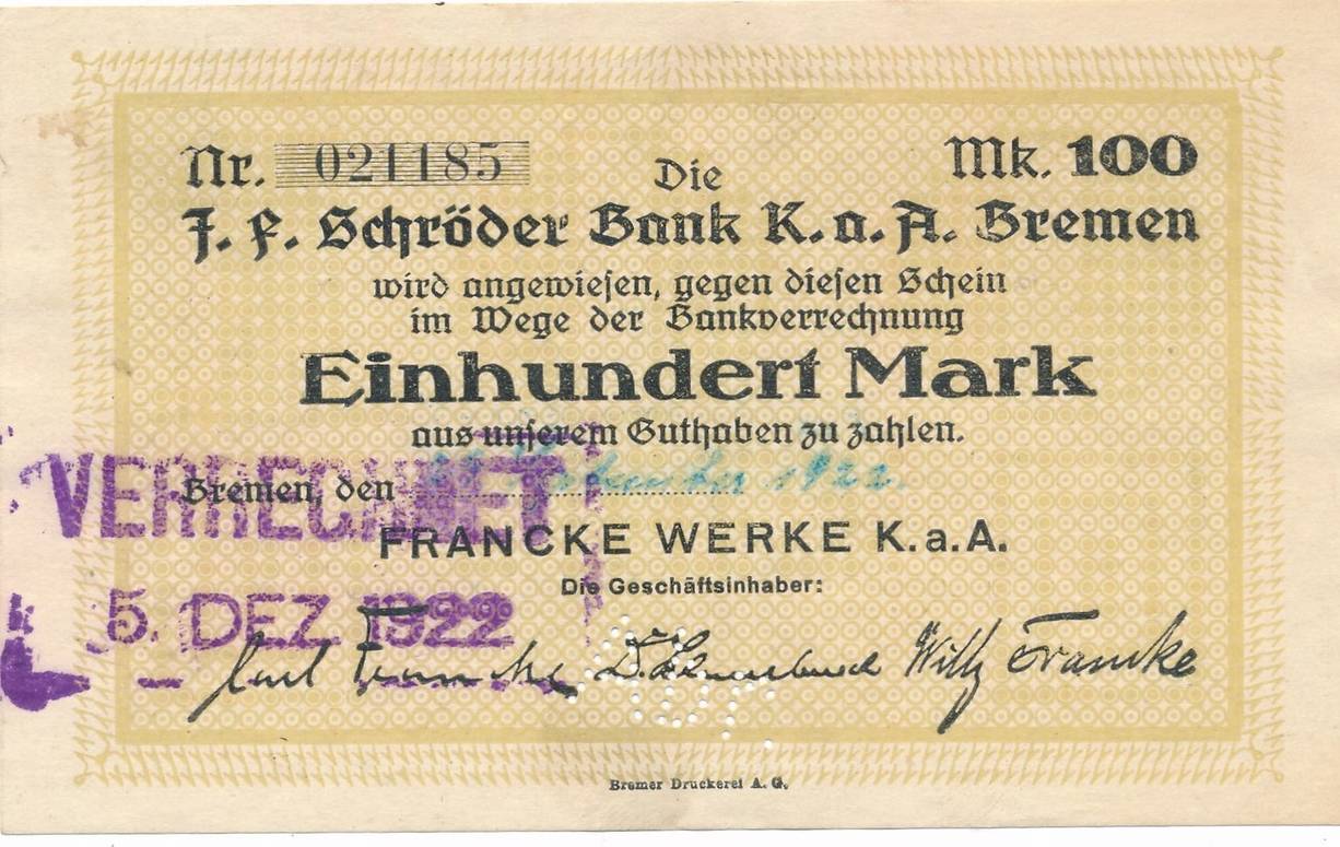 100 Mark 1922 Bremen Franke Werke Schroder Bank Perforation Ma Shops