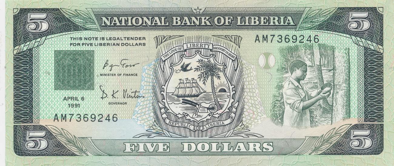 5 Dollars 1991 Liberia National Bank Ma Shops