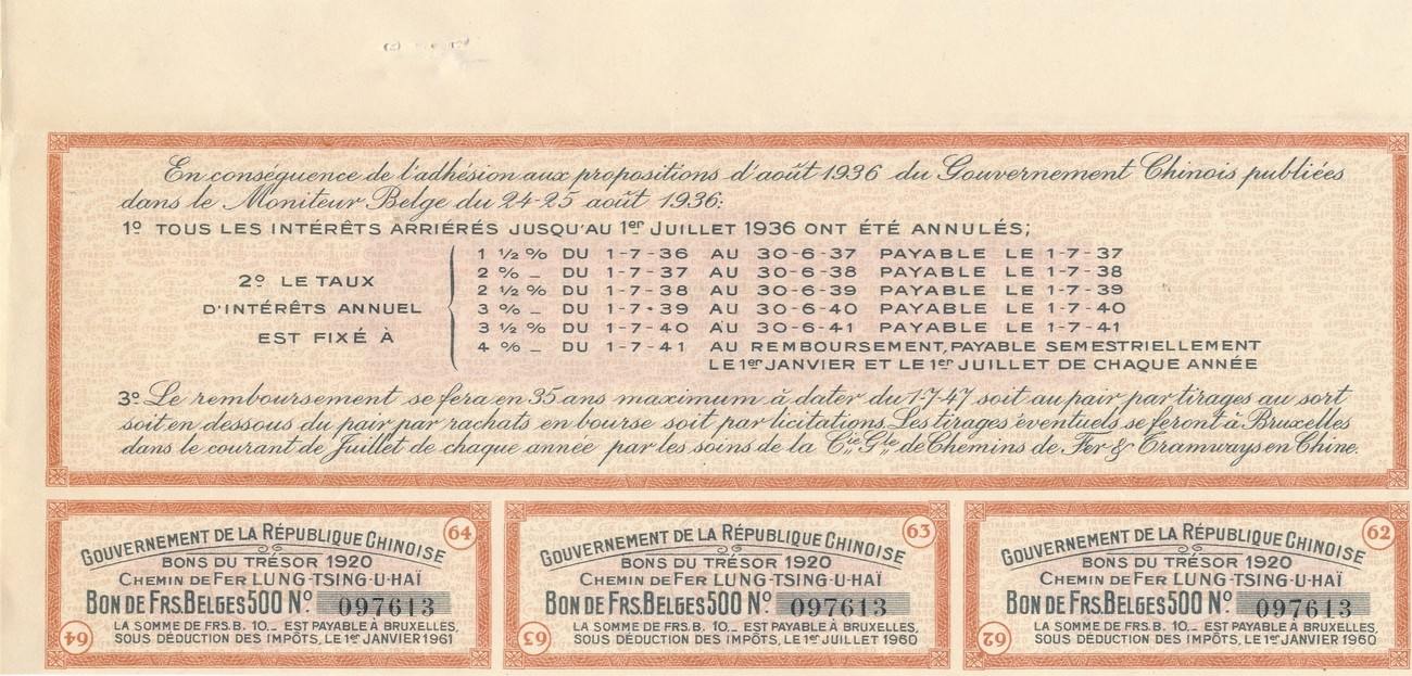 Belgien Coupons Gouvernement De La Rep Chinoise 1960 61 Bon De Frs Belges Ma Shops