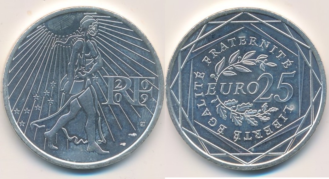 25 eur. 25 Евро. 25 Euro. 25 Евро выглядят. Frankreich (2009).