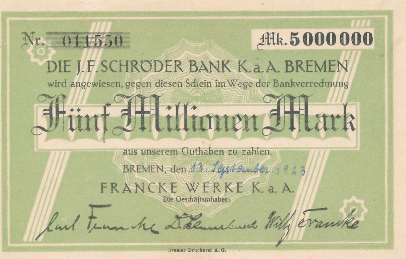 5 Millionen Mark 1923 Bremen Schroder Bank Bankverrechnung Datum