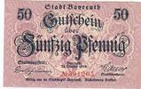 Deutschland Deutsches Reich 50 Pfennig Notgeld Notgeldschein Bayern Stadt Bayreuth Maserung senkrecht -