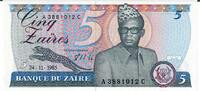 Zaire 5 Zaires Banknote Geldschein -